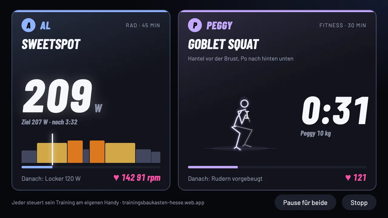 Split screen: bike workout with watts on the left, dumbbell exercise with timer on the right